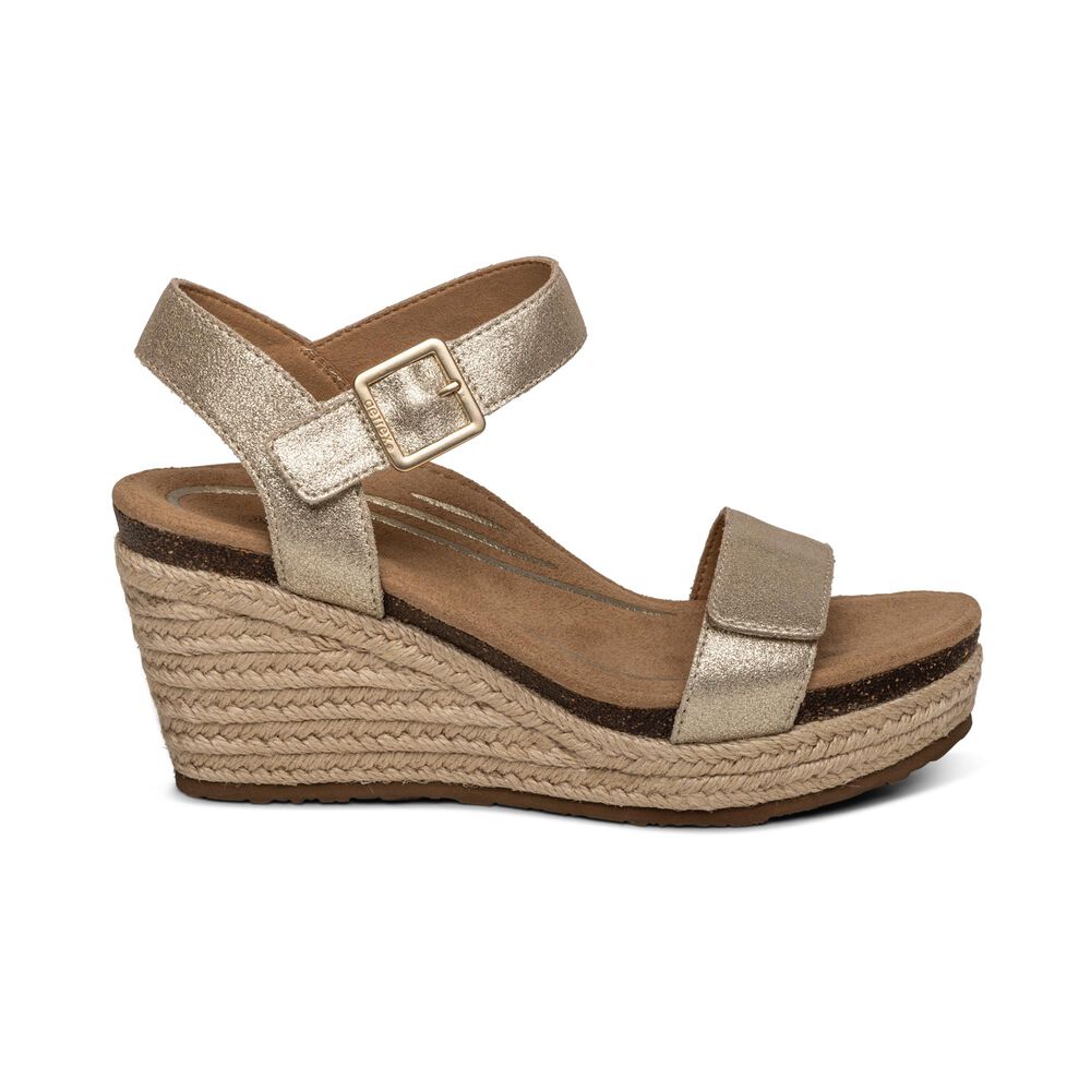 Aetrex Women's Sydney Quarter Strap Espadrille Wedge Sandals - Champagne | USA 0NHT14G